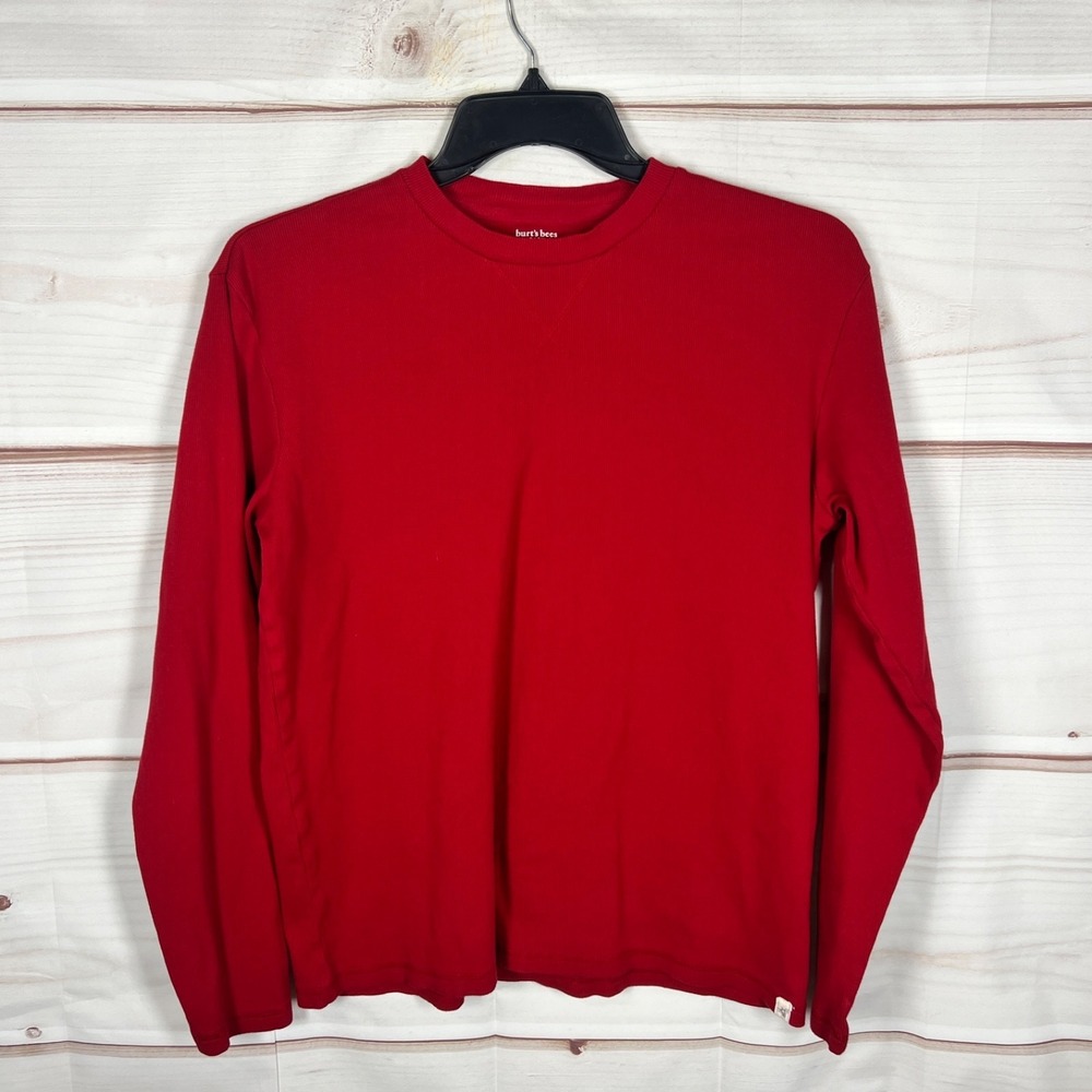 Burts Bees Shirt Men Medium Red Organic Cotton Ribbed Knit Crew Neck Long Sleeve